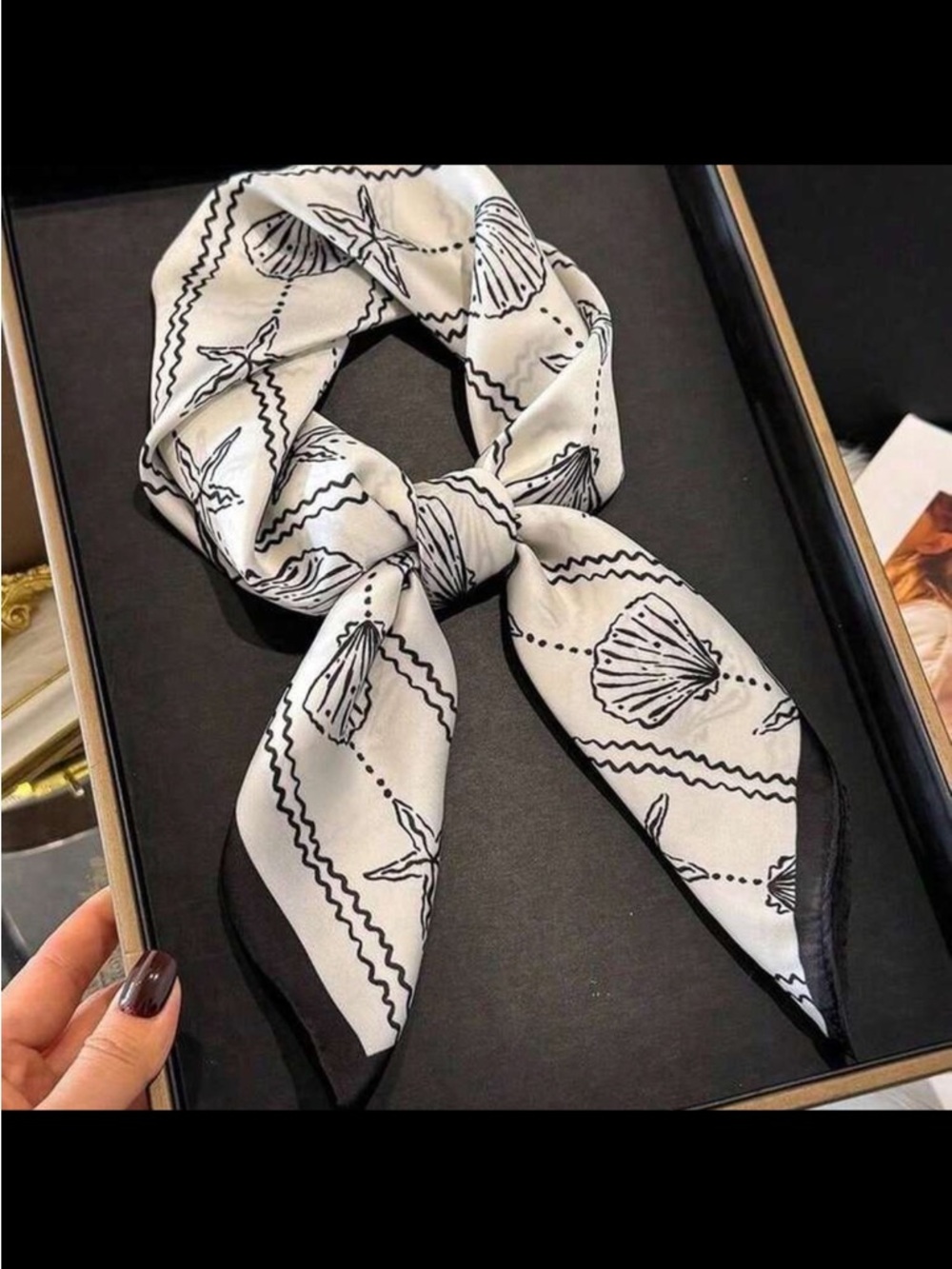 Medium silky scarf with starfish and shells print